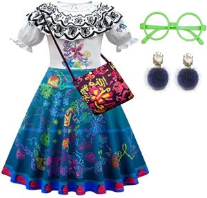 Mirabel Costume Encanto Isabela Dress for Girls Madrigal Cosplay outfits Halloween Dress Up With Purse Glasses Earrings
